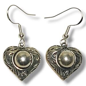 Vintage Sterling Silver Heart Dangle Earring Signed SR‎ 925